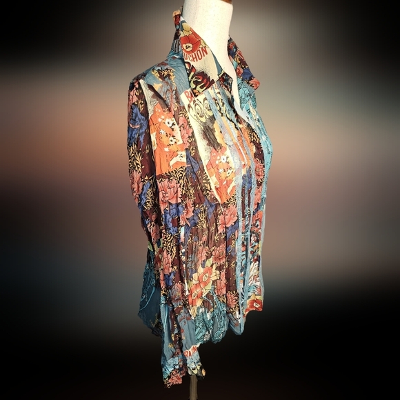 Vintage Claudia Richards Colorful Comic Print Shirt with flowy ribbons Size Lg - Picture 2 of 10